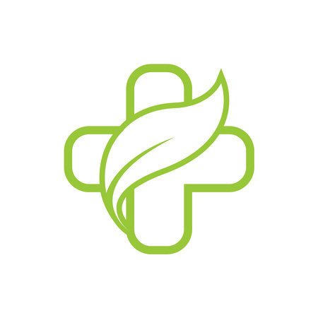 Green medical cross with leaf on white background. Vector illustration. Eps 10.のイラスト素材