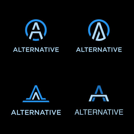 Set of letter A logo design template elements. Blue color on black backgroundのイラスト素材