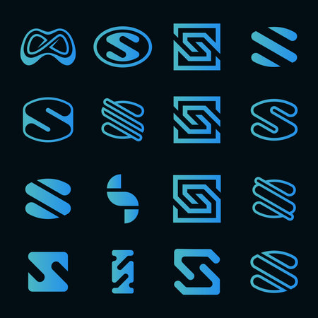 Alphabet letter S logo icons set, blue color on black backgroundのイラスト素材