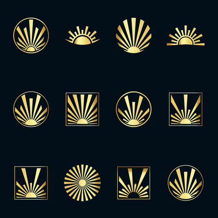 Set of golden sunburst icons. Collection of sunburst symbols.のイラスト素材