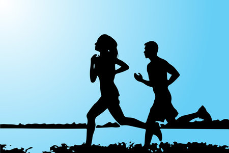 Marathon runners silhouettes on blue background vector illustration for poster and advertisingのイラスト素材