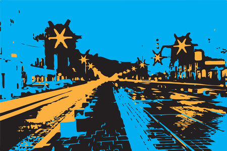 Illustration of the city skyline with stars and a train on the roadのイラスト素材