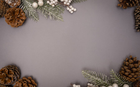 Christmas background with fir branches, cones and berries on a gray backgroundの写真素材