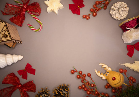 Christmas decoration on a gray background. Top view with copy space.の写真素材