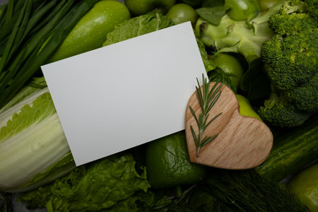A card message and wooden heart placed on fresh green vegetables, symbolizing healthy living and natural food choices.の写真素材