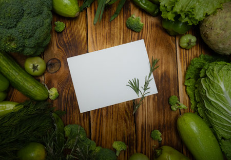A card message surrounded by green vegetables in a frame on a wooden background, symbolizing healthy eating and natural food choices.の写真素材