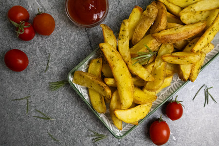 Roasted potatoes with rosemary, served with ketchup and cherry tomatoes in the background, creating...