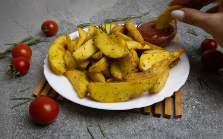 Girls hand soaking a roasted potato in ketchup, capturing a moment of enjoying delicious food with a...