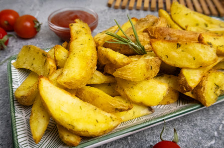 Roasted potatoes with rosemary garnish, served with ketchup and cherry tomatoes in the background,...