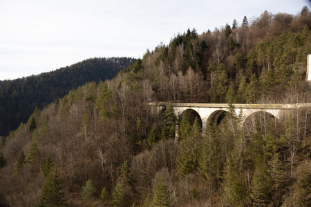 A stone road bridge in the mountains during late autumn, surrounded by colorful foliage and peaceful nature, creating a serene landscape.の写真素材