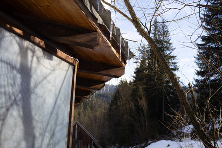 Icicles hanging from house eaves in winter, creating a picturesque, chilly scene of nature's frozen...