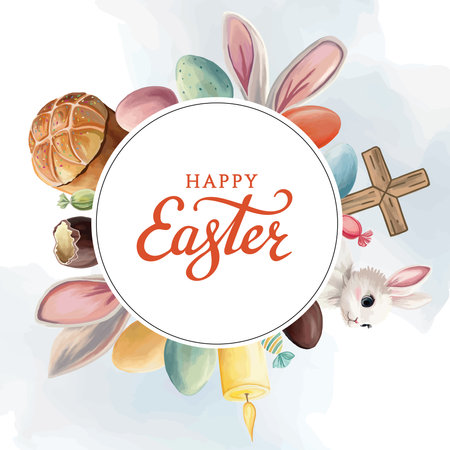 Easter greeting card with eggs, bunny ears and cross. Vector illustration.のイラスト素材