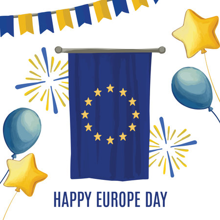 Happy Europe Day composition with European Union blue flag, yellow stars and festive decorations celebrating unity and peace on 9 Mayのイラスト素材