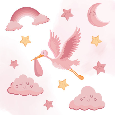 Pink greeting card with stork delivering a baby girl surrounded by sky elements like clouds, rainbow, moon, and stars in flat illustration styleのイラスト素材