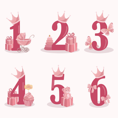 Pink decorated numbers for girl birthday party celebration with cute elements for first and second year anniversary cards and decorationsのイラスト素材