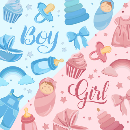Gender reveal party card with cute baby elements in pink and blue Perfect for boy or girl announcement and baby shower invitationのイラスト素材