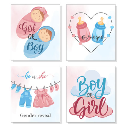 Gender reveal greeting card with pink and blue baby elements for boy or girl celebrationのイラスト素材