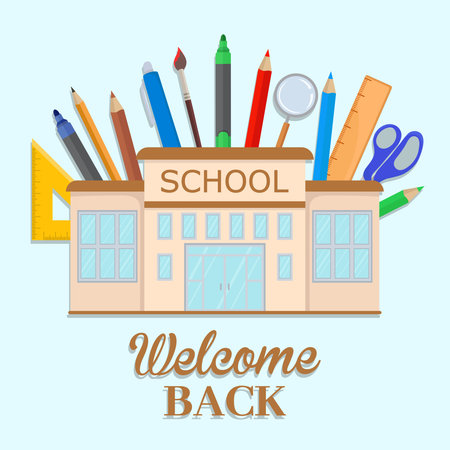 Back to school greeting card with school supplies including colored pencil, brush, ruler, and pen for students and classroom decorationのイラスト素材
