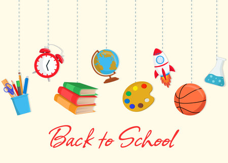 Back to school background with hanging school supplies, globe, stack of books, clock, rocket, and ball colorful flat illustrationのイラスト素材