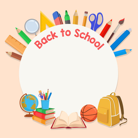 Back to school round frame greeting card with colorful school supplies and elements perfect for educational and kids themed designsのイラスト素材