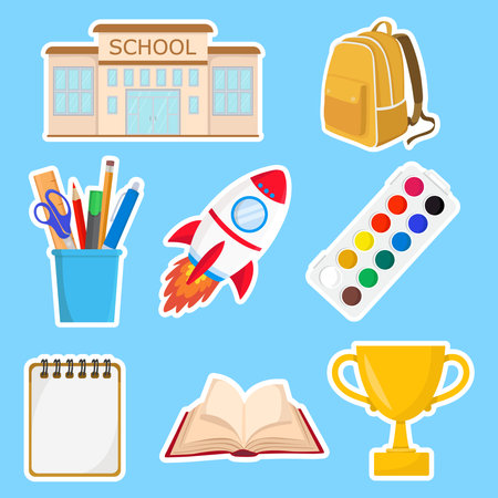 Vibrant colors back to school stickers with school elements and supplies perfect for planners, notebooks, and educational decorationsのイラスト素材