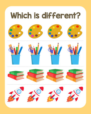 Find the differences activity game for preschool kids with colorful school elements to improve attention and observation skillsのイラスト素材