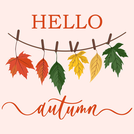 Hello autumn greeting card with hanging colorful fall leavesのイラスト素材