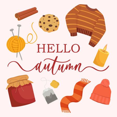 Cozy autumn set with sweater, cookies, tea bag, cinnamon, scarf, jam jar, seasonal elements in warm fall colorsのイラスト素材