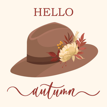 Hello autumn greeting card with brown hat decorated with fall flowers and colorful leaves plants, seasonal designのイラスト素材