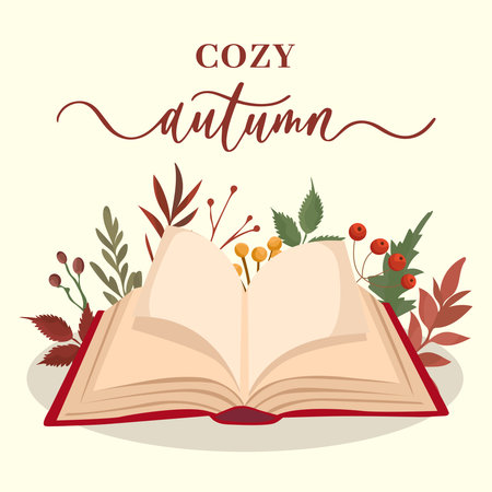 Cozy autumn greeting card with book, pumpkins, and colorful fall leaves and plantsのイラスト素材