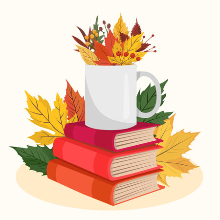 Cozy autumn greeting card with mug, colorful fall leaves and stack of booksのイラスト素材