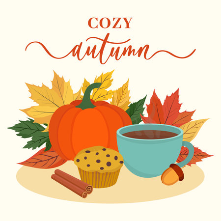 Cozy autumn greeting card with fall elements including pumpkin, tea cup, cinnamon and colorful plants for seasonal decorationのイラスト素材