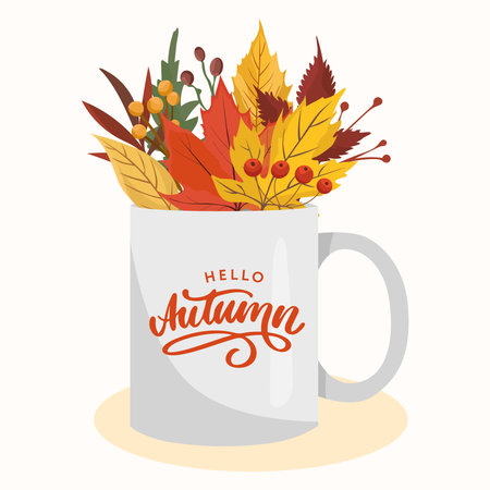 Hello autumn composition with tea mug and colorful fall plants creating a cozy atmosphere for seasonal decorationのイラスト素材