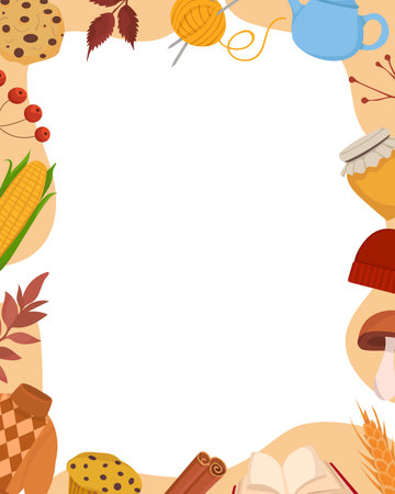 Cozy fall background with autumn elements including kettle, cookies, corn, sweater, cap and honey jar for seasonal decorationのイラスト素材