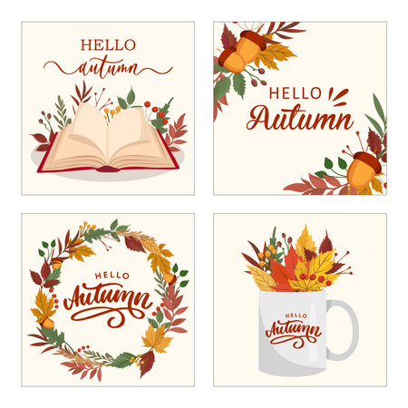 Autumn greeting card with fall elements including colorful leaves wreath, book and tea cup for seasonal decoration and designのイラスト素材