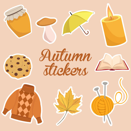 Autumn cozy stickers set with fall leaves, sweater, cookies, honey jar, candle, umbrella and book perfect for seasonal decoration and greeting card designsのイラスト素材