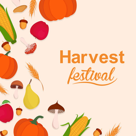 Harvest festival background with colorful autumn elements including pumpkin, corn, mushrooms, and wheat, perfect for seasonal greeting cards, posters, and festive designsのイラスト素材