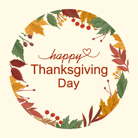 Happy Thanksgiving Day frame card decorated with colorful vibrant autumn plants and seasonal foliage illustrationのイラスト素材