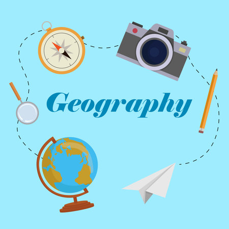 Geography elements with earth globe, compass, camera, and magnifying glass, suitable for school education or hobby activity illustrationのイラスト素材