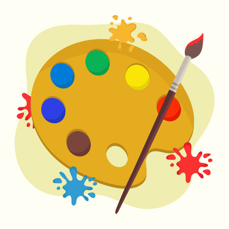 Painter illustration with color palette and brush, celebrating art or artist day, representing profession or hobby activity in creative paintingのイラスト素材