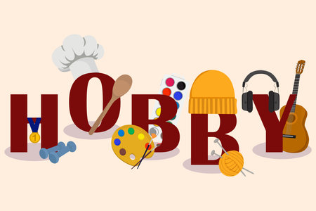 Hobby text decorated with activity elements including sport cooking painting knitting and music in creative illustration styleのイラスト素材