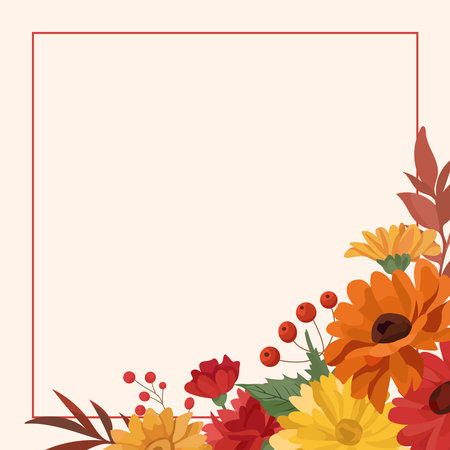 Autumn floral frame Fall garden yellow red and orange flowers Wedding decor.のイラスト素材