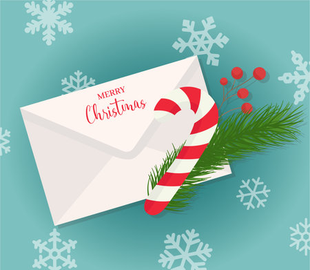 Merry Christmas card with an envelope and letter to Santa decorated with candy, fir tree branch, and snowflakes in the backgroundのイラスト素材