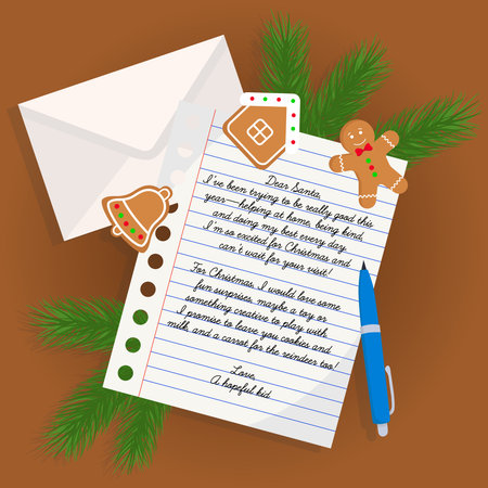 Letter to Santa Claus envelope with Christmas ginger cookies and fir tree branches for Happy Holidaysのイラスト素材
