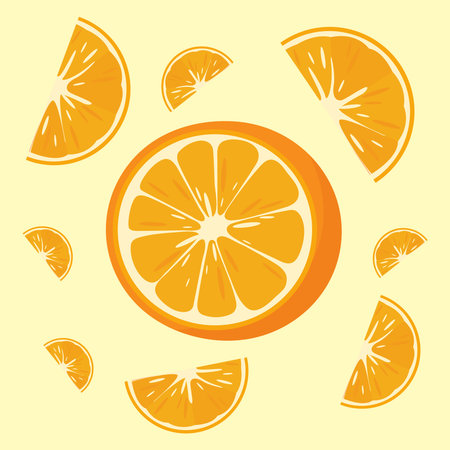 Orange fruit illustration with juicy slices, rich in vitamin C, citrus background with fresh and exotic fruit designのイラスト素材