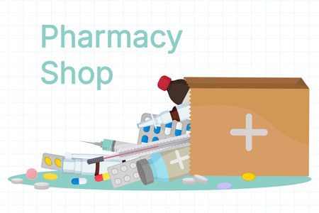 Pharmacy shop composition with medication in shopping bag including blister pill, spray, tube, and thermometer illustrationのイラスト素材