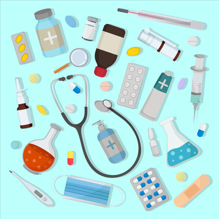 Pharmacy medication illustration for treatment with blister pills, capsule, injection, mask, spray, and thermometer elementsのイラスト素材