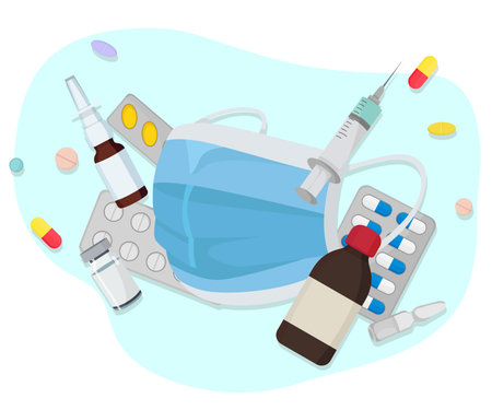 Medical mask, syringe, pills, ampoules, drugs. Vector illustration.のイラスト素材