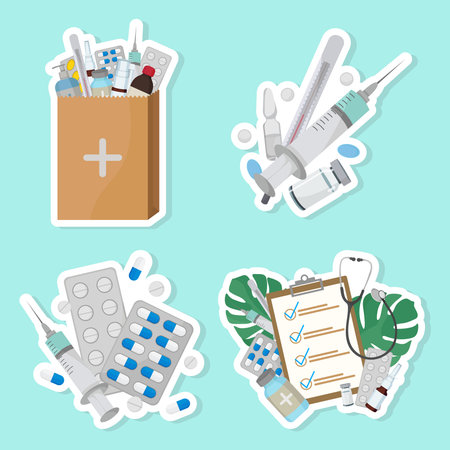 Medication elements composition with blister pills stethoscope injection thermometer and ampoule medical vector illustrationのイラスト素材