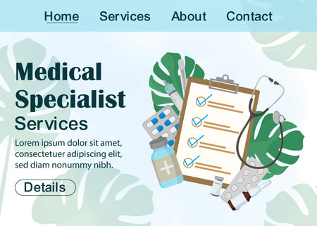 Medical web page design with specialist services and treatment tools including stethoscope, blister pills and medication elementsのイラスト素材